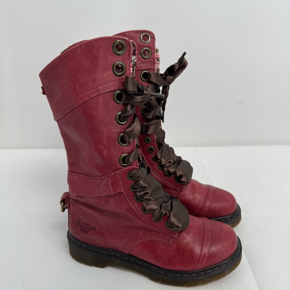 Dr Martens Triumph Size US 6 EU 37 Boots Red Leather Floral Lining Grunge Goth - Picture 2 of 10